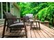 Outdoor patio with comfortable wicker furniture, perfect for relaxing and enjoying the serene natural surroundings at 574 Chatham Dr, Chapel Hill, NC 27516