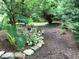 Lush backyard garden pathway with shade plants and beautiful, mature landscaping at 582 Wimbleton Dr, Raleigh, NC 27609