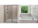 A bright bathroom featuring a separate shower and soaking tub along with a window at 79 Bronco Pace Dr, Clayton, NC 27520