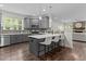 Modern kitchen with gray cabinets, stainless steel appliances, a center island, and barstool seating at 8304 Southmoor Hill Trl, Wake Forest, NC 27587