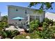 Backyard patio with outdoor dining set and a screened porch, surrounded by landscaped garden at 1056 Evening Shade Ave, Rolesville, NC 27571
