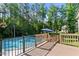 Stunning backyard pool area with secure fencing and a spacious deck, offering both safety and enjoyment at 1412 Wakefield Farm Rd, Zebulon, NC 27597