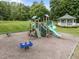 Community playground features slides, climbing apparatus, and play structures amidst lush green surroundings at 1702 Mcrae Pl, Hillsborough, NC 27278
