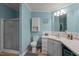 Light blue full bathroom featuring a shower, toilet, and vanity with a white countertop and cabinets at 1993 Lucy Garrett Rd, Roxboro, NC 27574