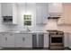 Contemporary kitchen featuring stainless steel appliances, gray cabinets, and tile backsplash at 2236 The Cir, Raleigh, NC 27608