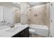 Full bathroom with shower-tub, granite counter, and tile backsplash at 344 Colonial Ridge Dr, Pittsboro, NC 27312
