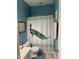 Bathroom with decorative shower curtain and walls painted with blue colored paint at 352 Riverstone Dr, Clayton, NC 27527
