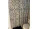 Bathroom with a white and blue decorative shower curtain over a toilet at 352 Riverstone Dr, Clayton, NC 27527