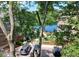 Scenic community view of lake from above parking area, framed by mature trees and landscaping at 631 Springfork Dr, Cary, NC 27513