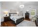 Inviting main bedroom with hardwood floors, decorative chandelier and matching furniture at 6500 Bass Mountain Rd, Snow Camp, NC 27349