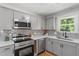 Well-equipped kitchen with gray cabinets, tile backsplash, and stainless steel appliances at 833 Brigham Rd, Raleigh, NC 27610