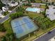 Aerial view of community tennis courts and pool, set among green trees and suburban homes at 107 Explorer Dr, Morrisville, NC 27560