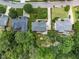 An aerial shot showcasing the neighborhood rooftops and tree coverage at 112 Sterling Ridge Way, Cary, NC 27519