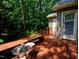 Spacious wooden deck with table and chairs, surrounded by lush greenery at 119 Long Shadow Ln, Cary, NC 27518