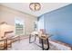 Comfortable home office with blue accent wall, rustic desk, and plenty of natural light at 1717 Ormond Rd, Hurdle Mills, NC 27541
