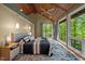 This main bedroom offers a vaulted wood ceiling and large windows offering scenic views at 343 Lakewood Pointe Dr, Roxboro, NC 27574