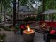 Cozy backyard featuring a modern fire pit surrounded by comfortable seating, perfect for relaxing evenings outdoors at 4716 Shadow Ridge Ct, Holly Springs, NC 27540