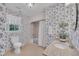 Bathroom with patterned wallpaper, vanity with granite countertops, and tub and shower combo at 7601 Wellesley N Park, Raleigh, NC 27615