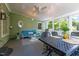 Inviting screened porch with ceiling fan, comfortable seating, and outdoor dining table at 924 Pebblebrook Dr, Raleigh, NC 27609