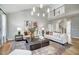Spacious living room with two-story ceiling, contemporary decor, and wood flooring at 9513 Wood River Dr, Zebulon, NC 27597