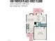 First floor plan featuring a living room, kitchen, dining area, deck, and garage at 109 Troyer Pl, Apex, NC 27502