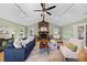 Spacious living room with a stone fireplace, hardwood floors, and comfortable seating arrangements at 1973 Elon Ossipee Rd, Elon, NC 27244