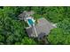 Expansive aerial view of a private estate featuring a pool, lush landscaping, and sprawling lawns at 3197 Carriage Creek Ct, Haw River, NC 27258