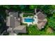 Overhead view of a luxury home with a large pool, manicured gardens, and expertly designed outdoor spaces at 3197 Carriage Creek Ct, Haw River, NC 27258