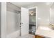Bathroom with a shower-tub combo, modern vanity and neutral paint at 5008 Dantonville Ct, Knightdale, NC 27545