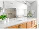 Bright bathroom featuring double sink vanity with hardwood cabinets and a large mirror at 9021 Albatross Ct, Raleigh, NC 27613