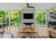 Contemporary living room featuring a sleek fireplace, large windows, and a grand piano at 9021 Albatross Ct, Raleigh, NC 27613