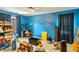 Bedroom with blue walls, a window, and a variety of items scattered throughout at 10205 Sorrills Creek Ln, Raleigh, NC 27614