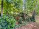 A lush backyard with mature trees and greenery offers a private, natural retreat at 105 Crosswaite Way, Cary, NC 27518