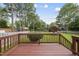 Backyard view of a wooded deck with a fenced backyard at 1609 Forest Rd, Wake Forest, NC 27587