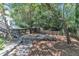 Backyard features a stone patio, fire pit, and mature landscaping at 2204 Bellaire Ave, Raleigh, NC 27608