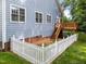 Charming backyard with a white picket fence, a wooden deck with stairs, and blue siding on the house at 2313 Filigree Ct, Raleigh, NC 27614