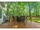 Relaxing outdoor space with a table and chairs, surrounded by a wooden railing and lush trees at 2840 Mattlyn Ct, Raleigh, NC 27613