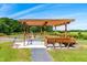 Wooden picnic pavilion and a dock near a pond, showcasing the scenic features of the property at 3187 Wilsons Mills Rd, Smithfield, NC 27577