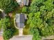 Aerial shot shows a well-maintained home with a deck and an expansive, lush green yard in a wooded area at 100 Silver Lining Ln, Cary, NC 27513