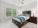 Comfortable bedroom featuring a bed with a patterned comforter, bedside tables with lamps, and natural light from windows at 119 Eagles Watch Ln, Chapel Hill, NC 27517