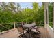 Inviting outdoor deck with a dining set and a serene view of the surrounding trees, perfect for relaxing and entertaining at 119 Eagles Watch Ln, Chapel Hill, NC 27517