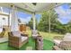 Cozy screened-in patio featuring wicker chairs, artificial turf, and views of the backyard play area at 145 Cassada Ct, Holly Springs, NC 27540