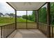 Screened-in porch featuring a concrete floor and wooden railing with a view at 173 Forsyth Pkwy Pkwy, Clayton, NC 27520