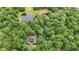 Aerial view of wooded property featuring a home, pond, and lush landscaping at 3095 Champs Way, Mebane, NC 27302