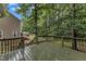 A wooden deck overlooks a spacious backyard with lush trees, offering serene outdoor living at 4009 Olde Coach Rd, Durham, NC 27707
