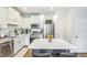 Clean white kitchen offers stainless appliances, white cabinetry, subway tile backsplash, and center island at 647 N Hardee St, Durham, NC 27703