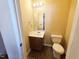 Cozy bathroom featuring a toilet, vanity with sink, mirror and lighting at 650 Ganyard Farm Way # 41, Durham, NC 27703