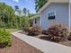 Landscaped front yard with walkway leading to a cozy home and a green forest backdrop at 707 Lakewood Dr, Siler City, NC 27344