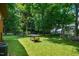 Spacious backyard featuring lush trees, a picnic table, and a shed at 112 Noble St, Chapel Hill, NC 27516