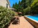 Charming backyard with a lovely patio set, lush landscaping, and a sparkling pool for outdoor entertaining and relaxation at 121 Flint Point Ln, Holly Springs, NC 27540